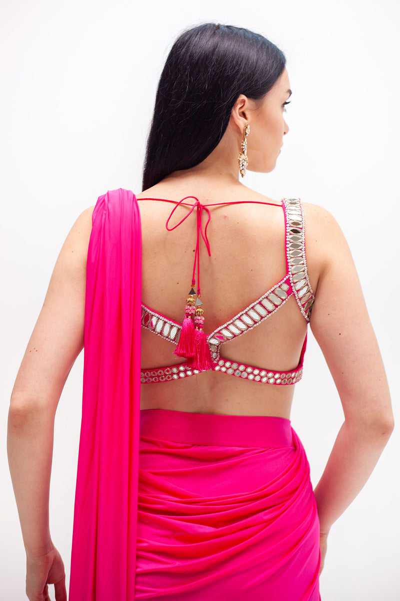 Rani Hot Pink Lycra Ready to Wear Saree with Mirrorwork Blouse