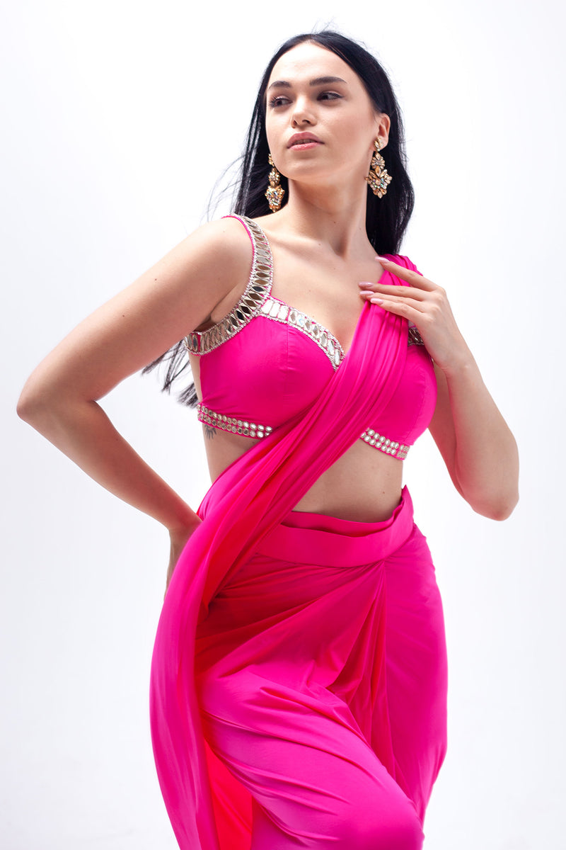 Rani Hot Pink Lycra Ready to Wear Saree with Mirrorwork Blouse