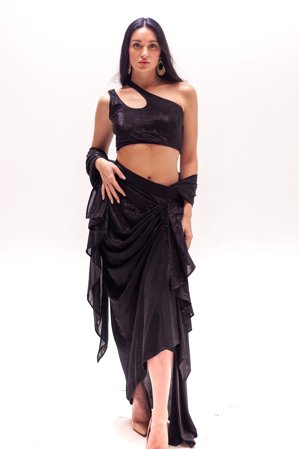 Anastasia Black Cut out Crop with Draped Saree Skirt-RTS