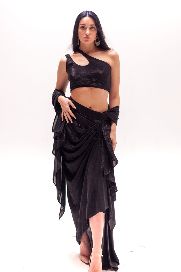 Anastasia Black Cut out Crop with Draped Saree Skirt-RTS