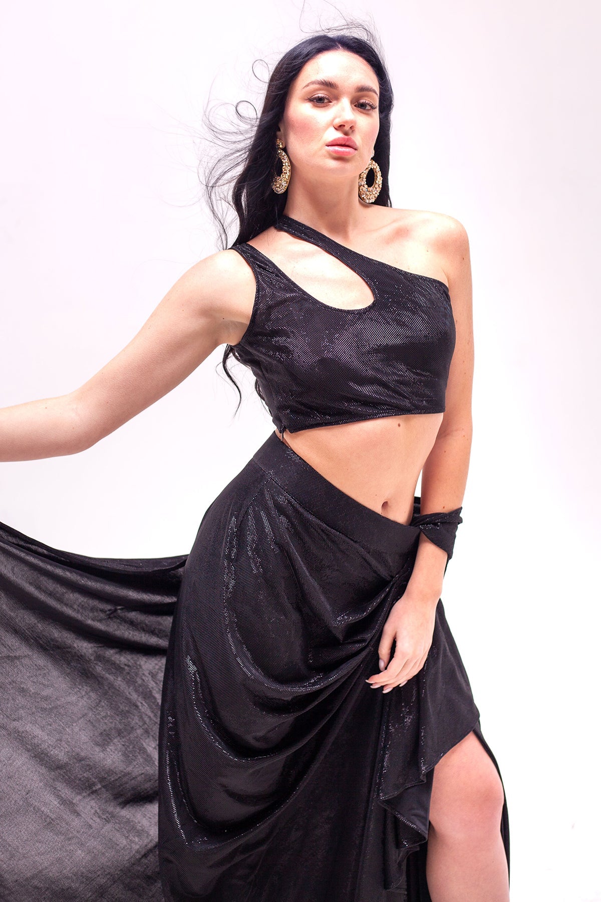 Anastasia Black Cut out Crop with Draped Saree Skirt-RTS
