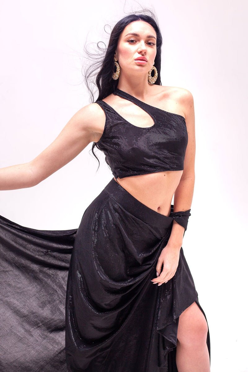 Anastasia Black Cut out Crop with Draped Saree Skirt-RTS