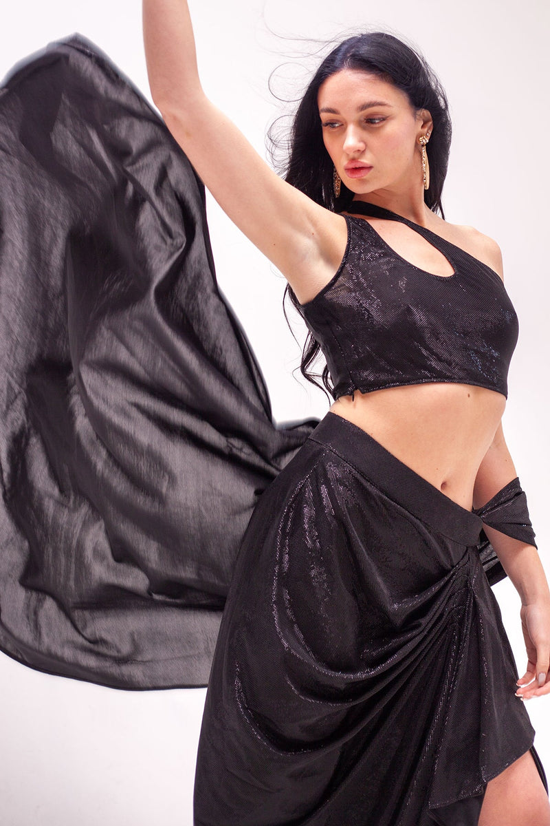 Anastasia Black Cut out Crop with Draped Saree Skirt-RTS