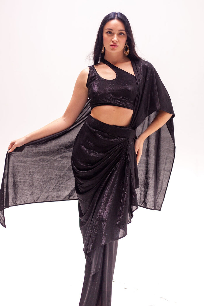 Anastasia Black Cut out Crop with Draped Saree Skirt-RTS