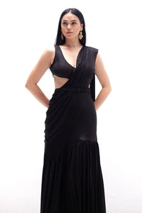 Lara Black Cut out Saree Gown (belt Not Included)-RTS