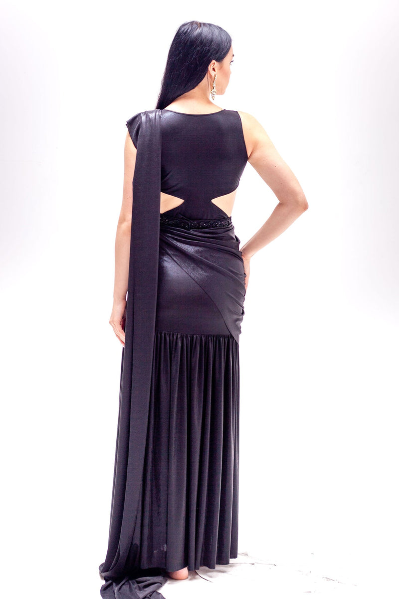 Lara Black Cut out Saree Gown (belt Not Included)-RTS