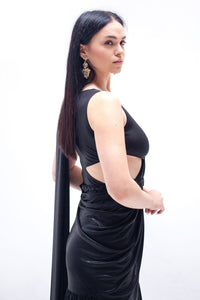 Lara Black Cut out Saree Gown (belt Not Included)-RTS