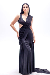 Lara Black Cut out Saree Gown (belt Not Included)-RTS