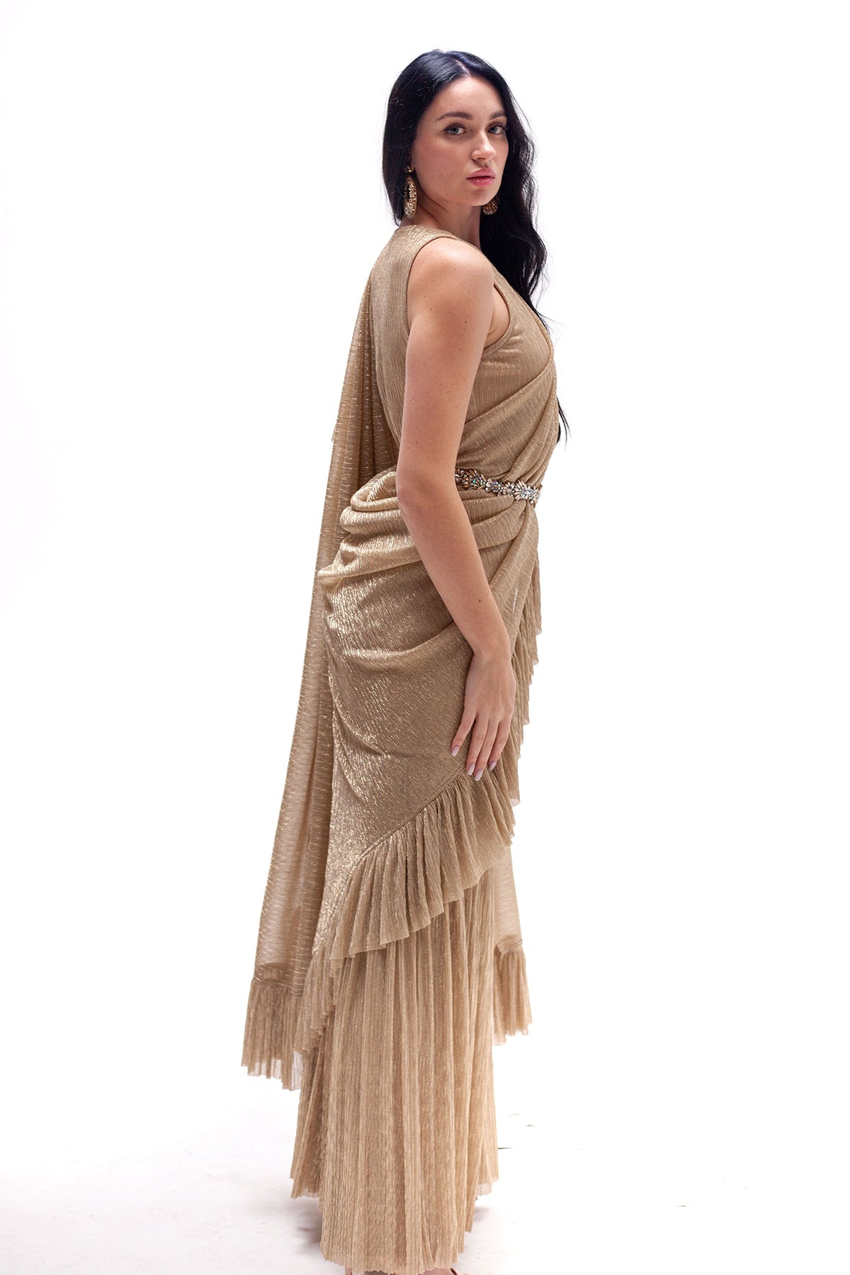 Sona Gold Ruffle Saree Gown (belt Not Included)