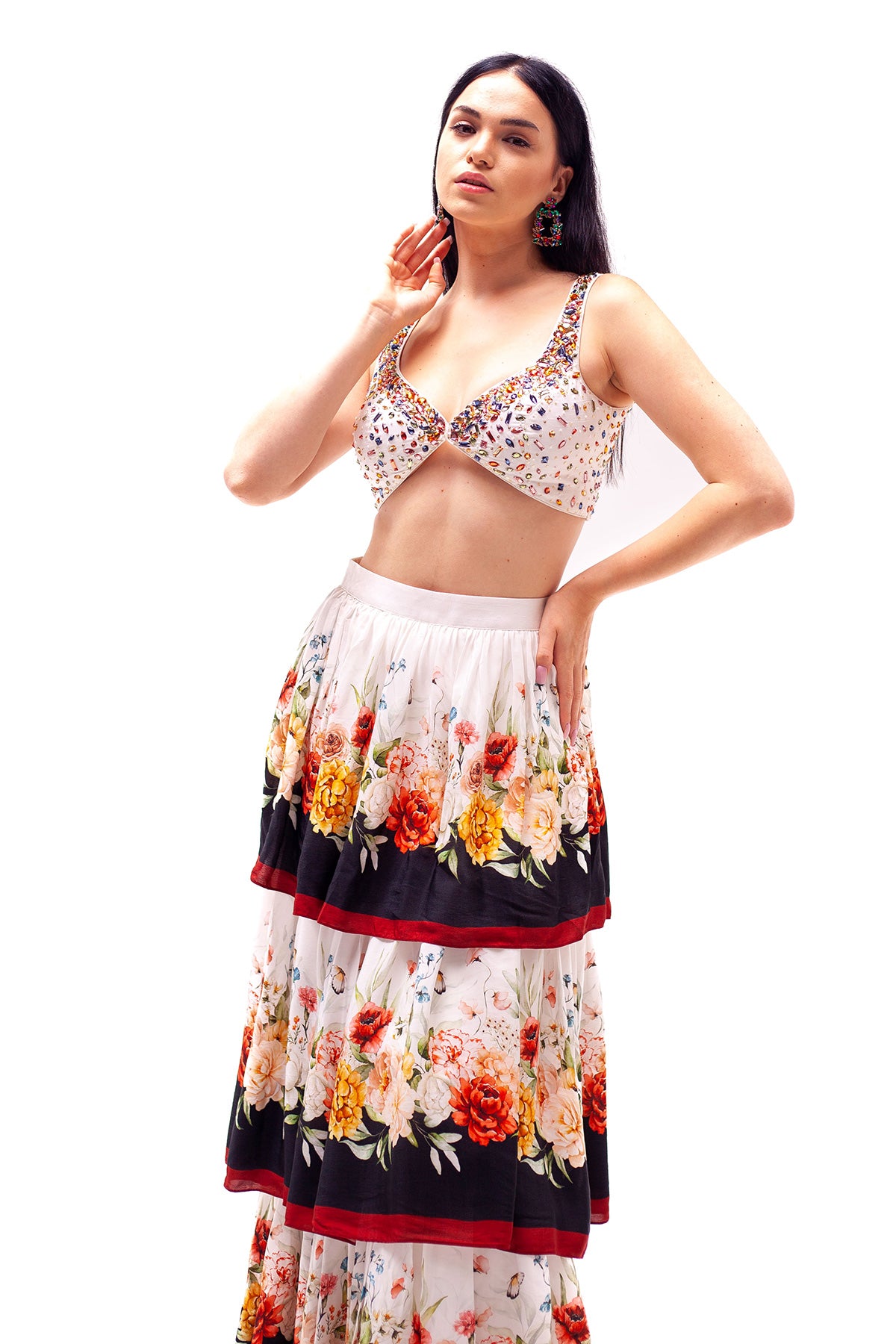 Arabella Beaded Crop Top with Tiered Skirt