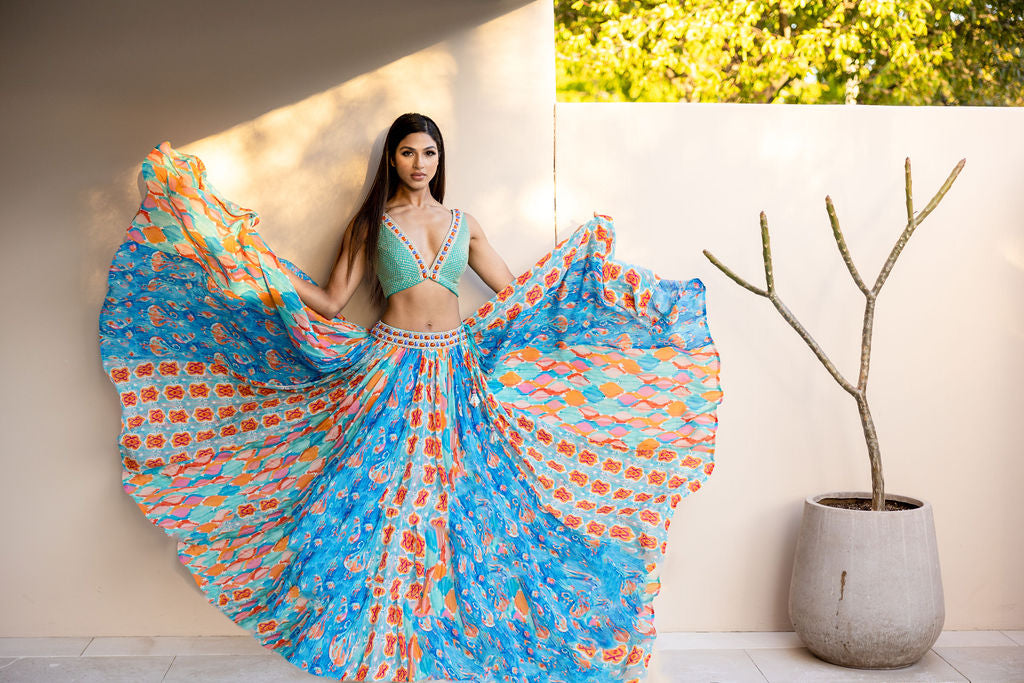 Beaded Crop Top with Tiered Skirt and Sheer Net Cape