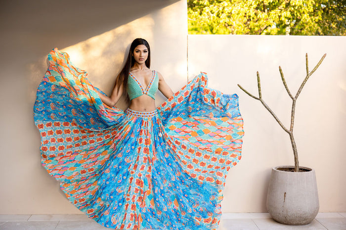 Beaded Crop Top with Tiered Skirt and Sheer Net Cape