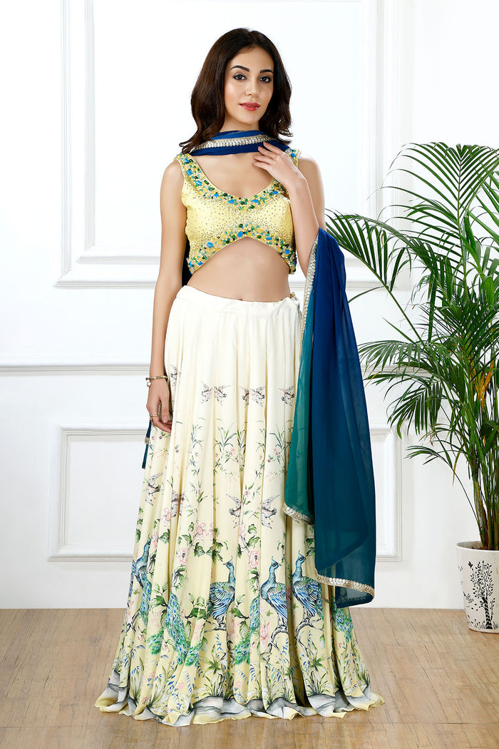 REGAL PLUME PEACOCK PRINT LEHENGA SET