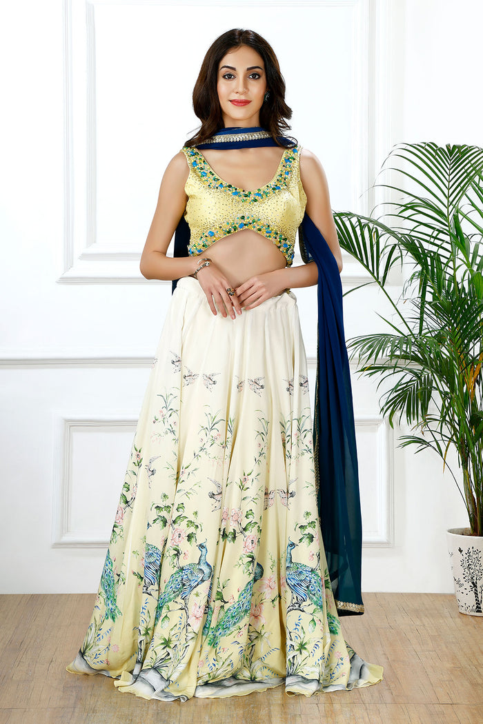 REGAL PLUME PEACOCK PRINT LEHENGA SET