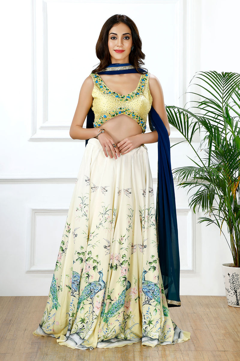 REGAL PLUME PEACOCK PRINT LEHENGA SET