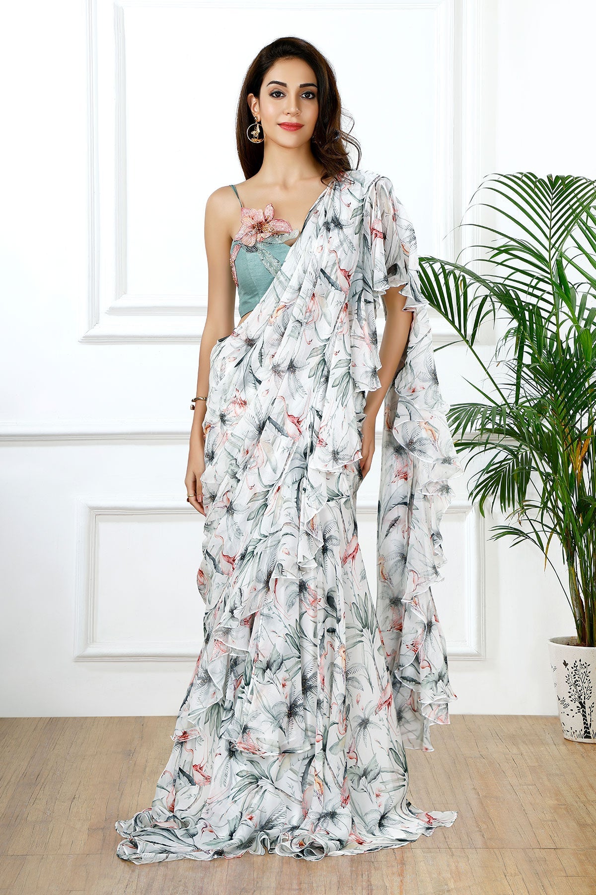 Flamingo bay ruffle sari-RTS