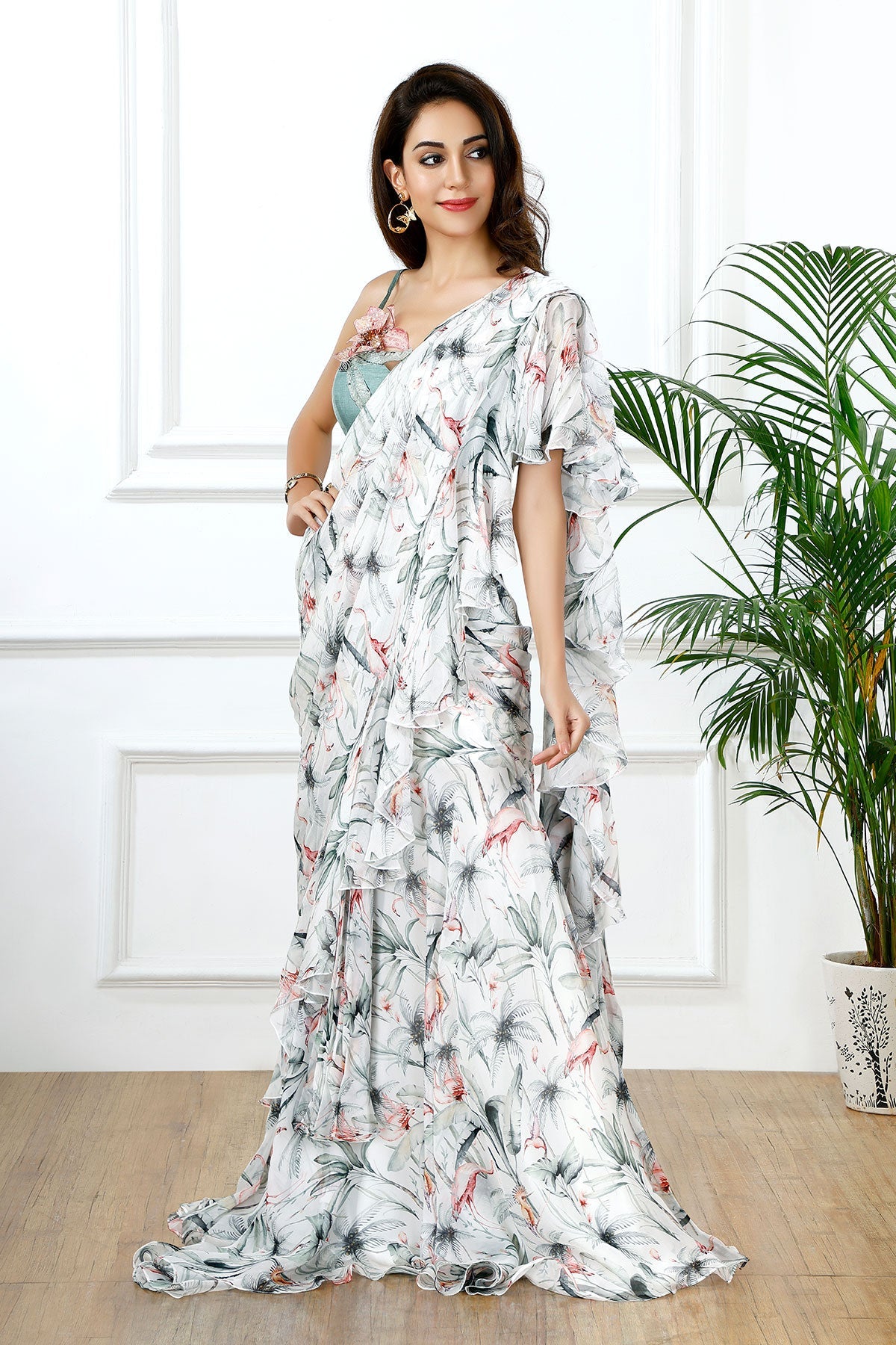 Flamingo bay ruffle sari-RTS