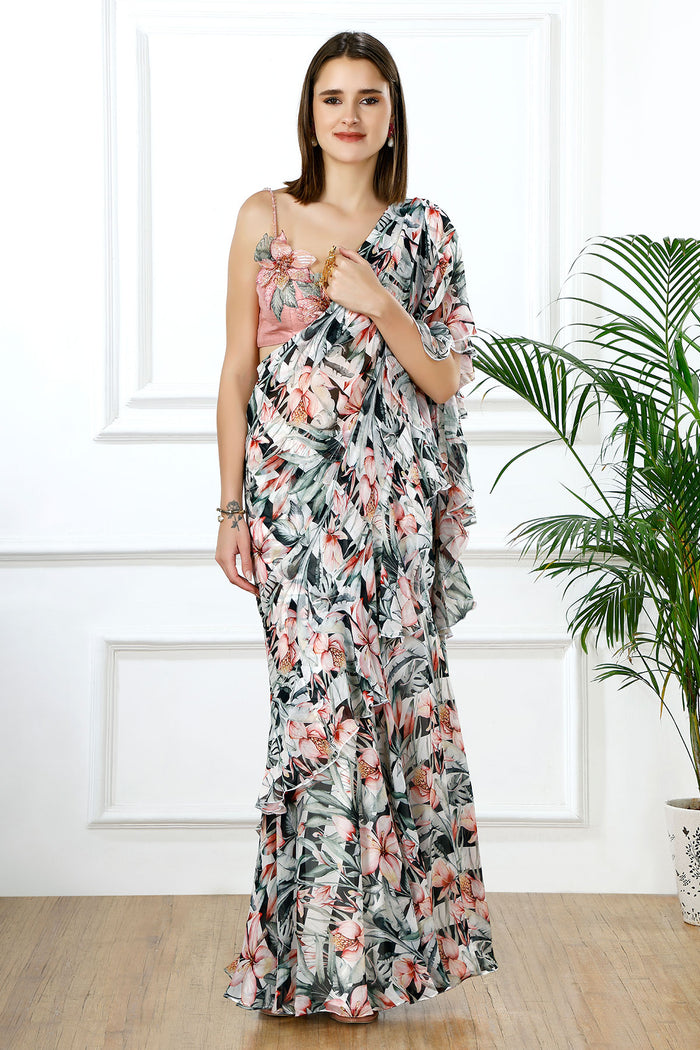 Rosé cascade floral ruffle sari set
