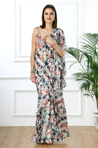 Rosé cascade floral ruffle sari set-RTS