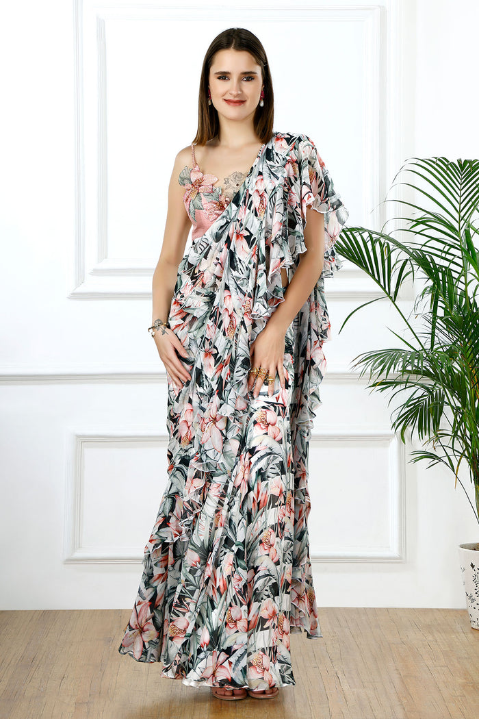 Rosé cascade floral ruffle sari set