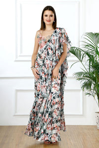 Rosé cascade floral ruffle sari set-RTS