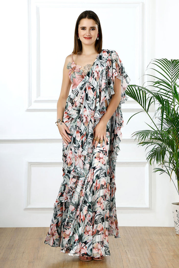 Rosé cascade floral ruffle sari set-RTS