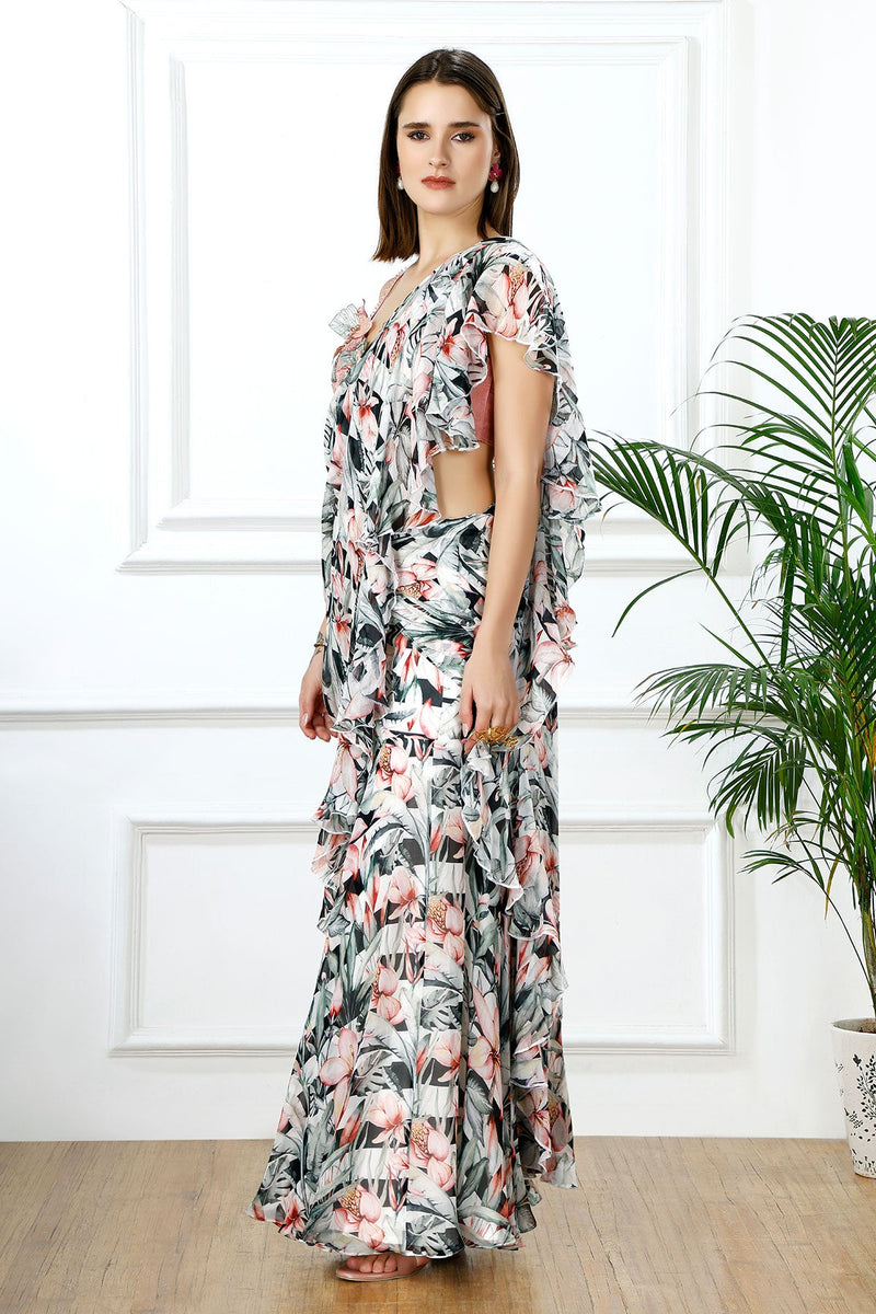 Rosé cascade floral ruffle sari set-RTS