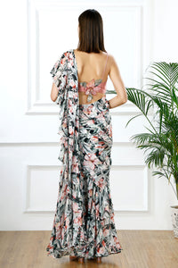 Rosé cascade floral ruffle sari set