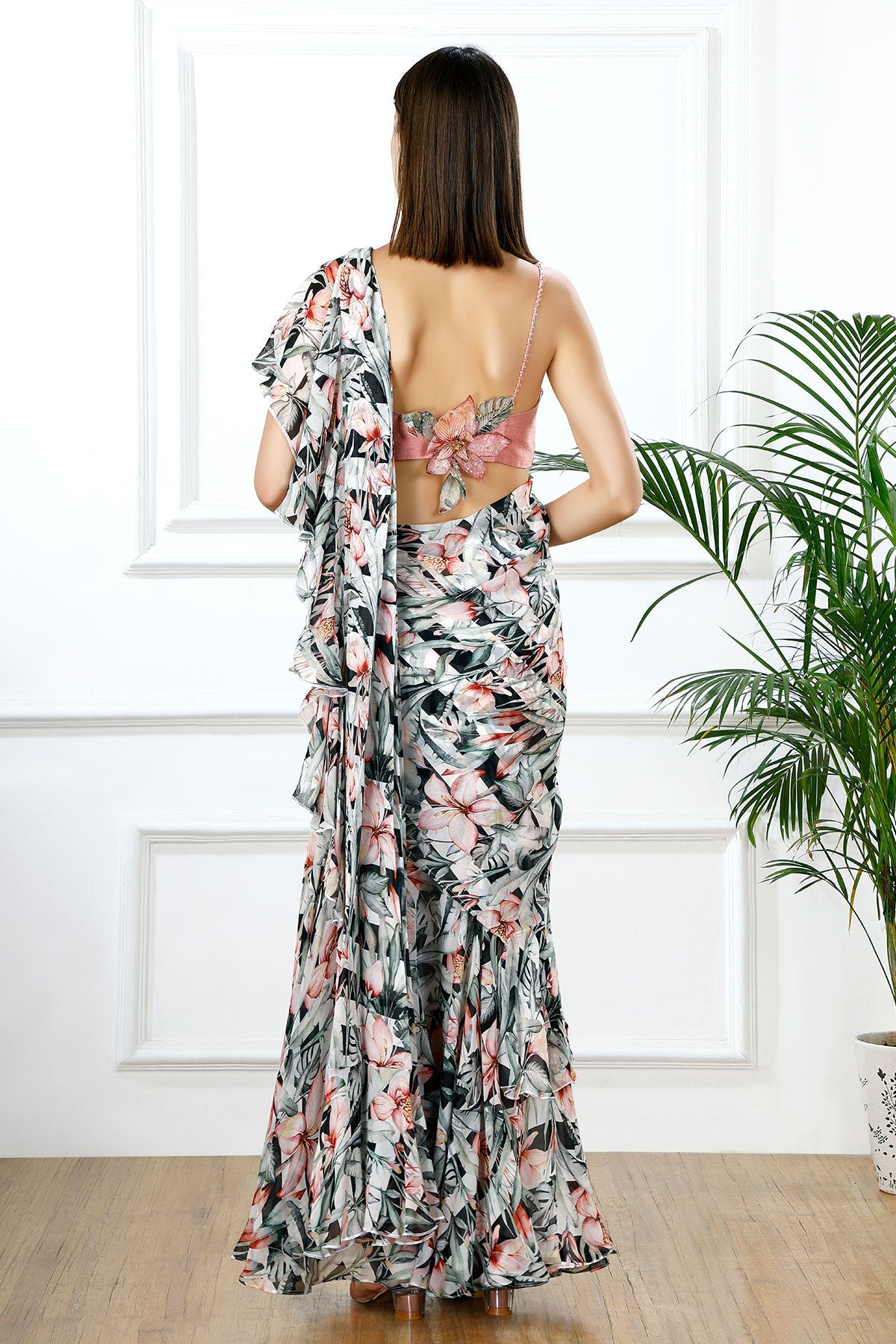 Rosé cascade floral ruffle sari set-RTS