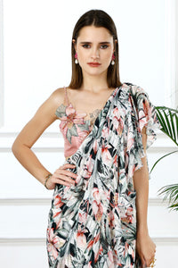 Rosé cascade floral ruffle sari set-RTS