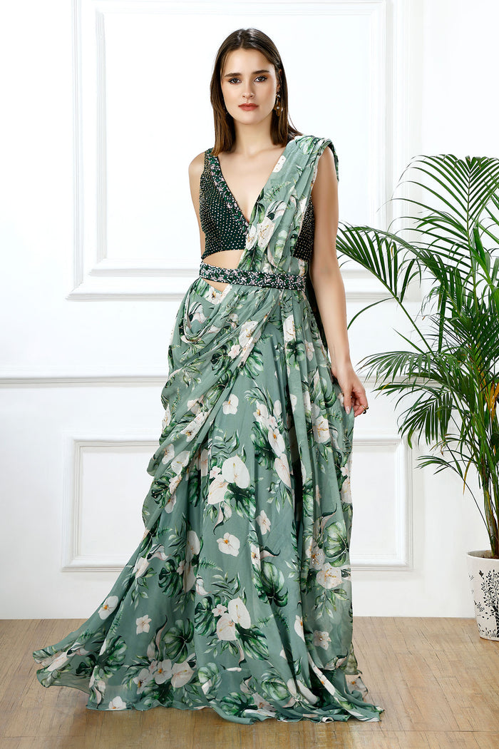 EMERALD DRAPE - SARI STYLE LEHENGA SET