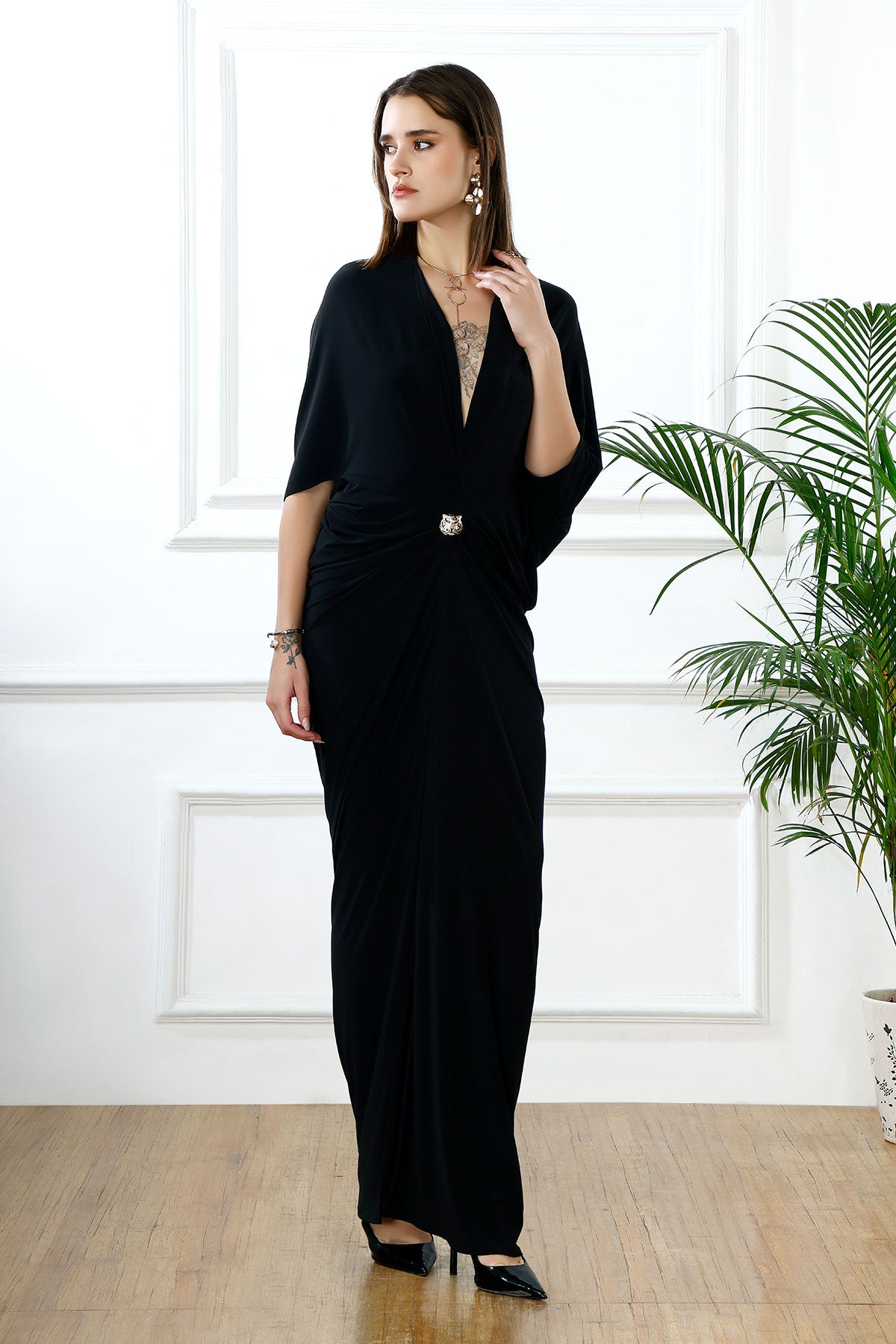 Jungle eclipse plunge kaftan gown