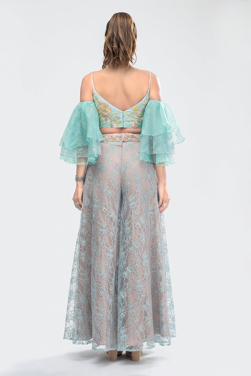 Crop Top with Ruffled Sleeves, Lace Pallazo Pants