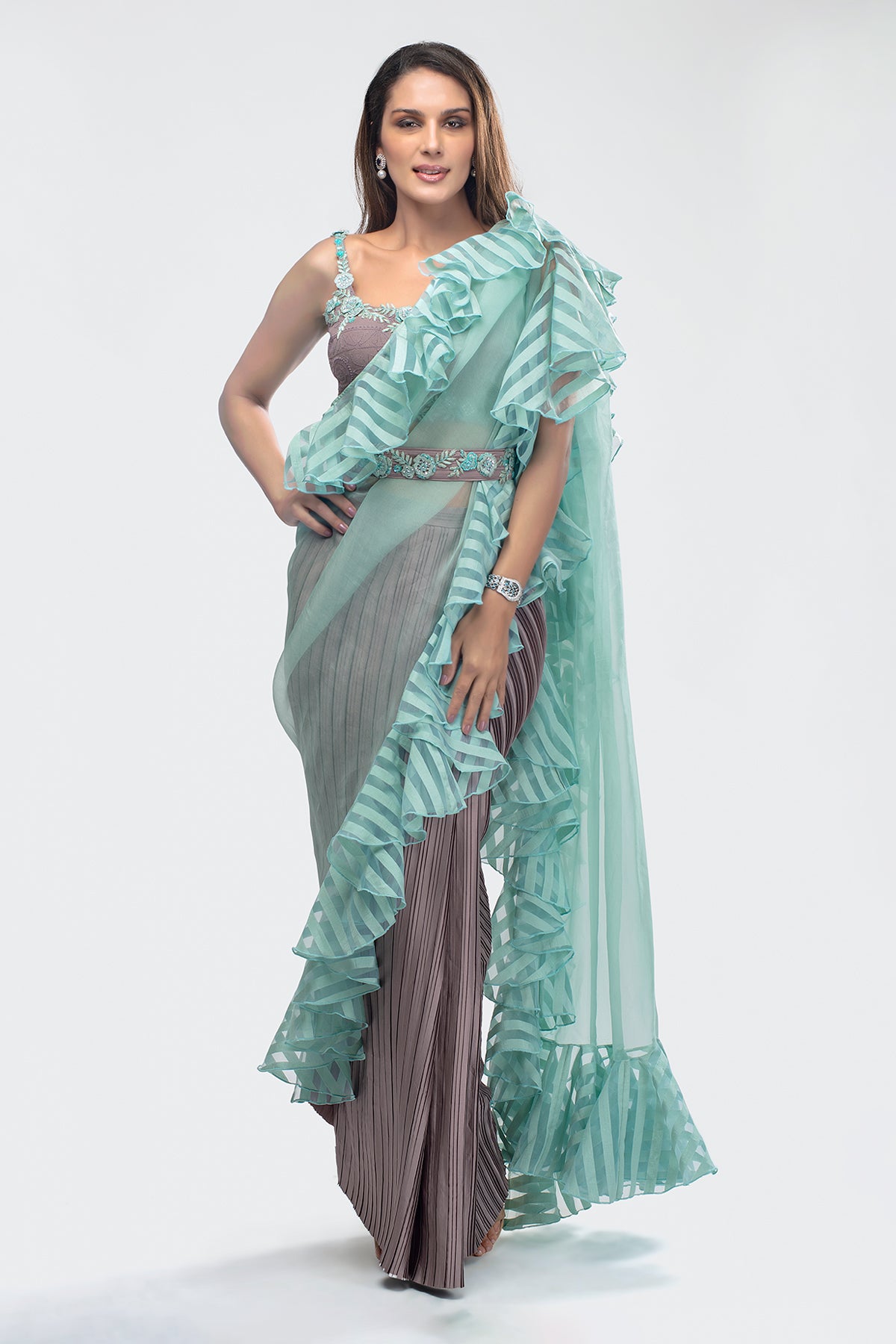 Shop Green Embroidered Organza Ruffle Saree Festive Wear Online at Best  Price | Cbazaar