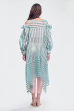 Striped Organza Sheer Assymetric Top with Crop Top and Pants