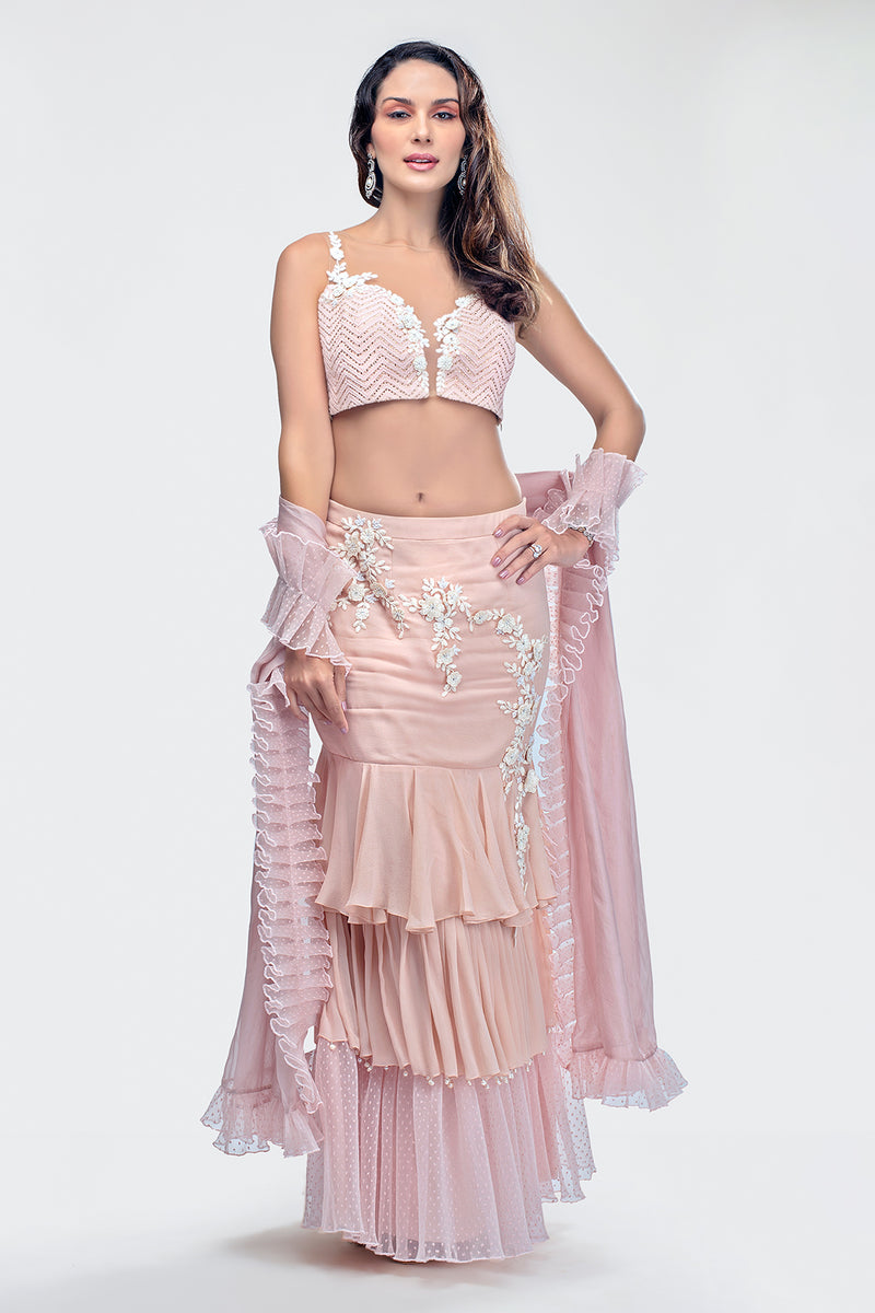 Chikankari Crop Top, with A Layered Ruffle Skirt, Pleated Organza Dupatta