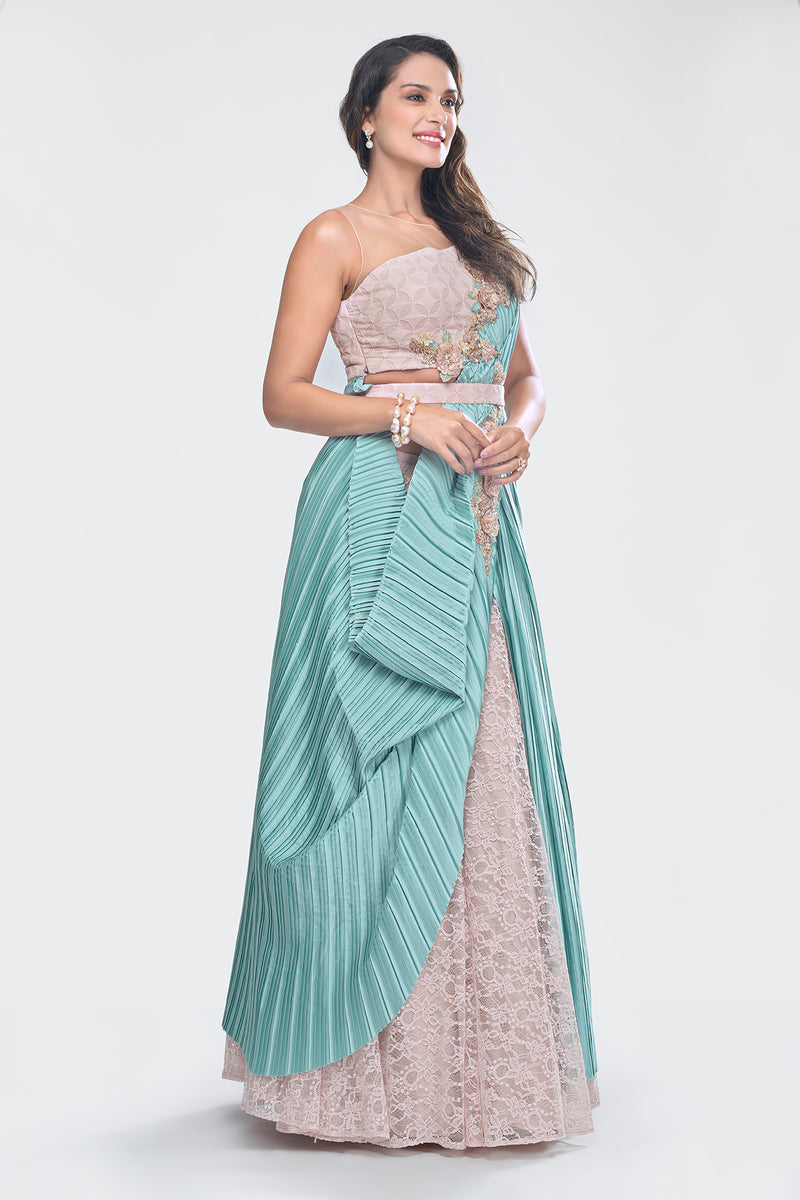 Pleated Satin Draped Sari Prestitched with Lace Skirt
