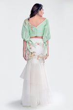 Crop Top with Flouncy Sleeves, Teamed with A Fitted Skirt and Layered Organza Ruffle