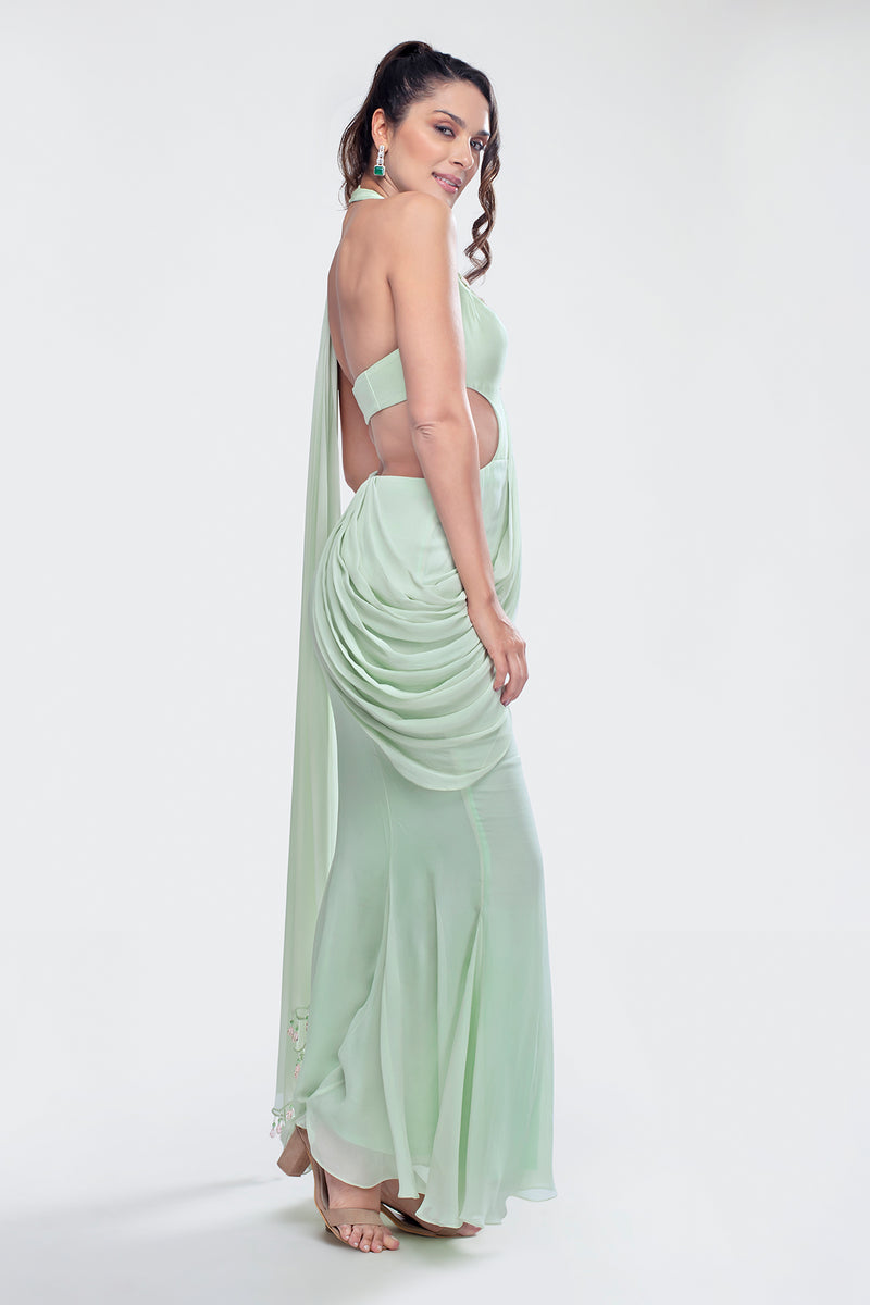 Fitted Sari Draped Gown with Side Cut Outs