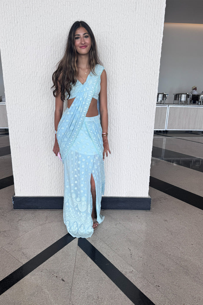 AQUA BLUE SARI WITH SLIT