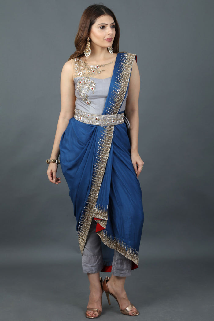 Grey and Blue Sari Kurta