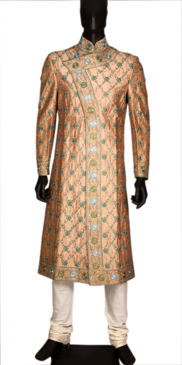 PEACH RAW OVERLAP SHERWANI