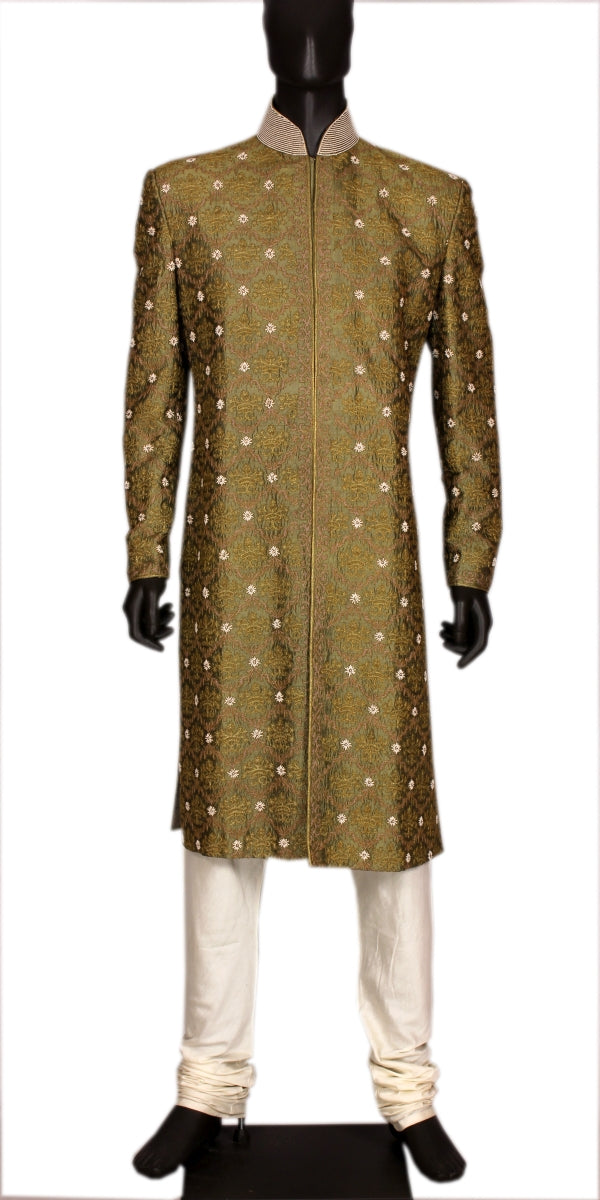 OLIVE GREEN EMBROIDERED SHERWANI WITH PEARL WORK