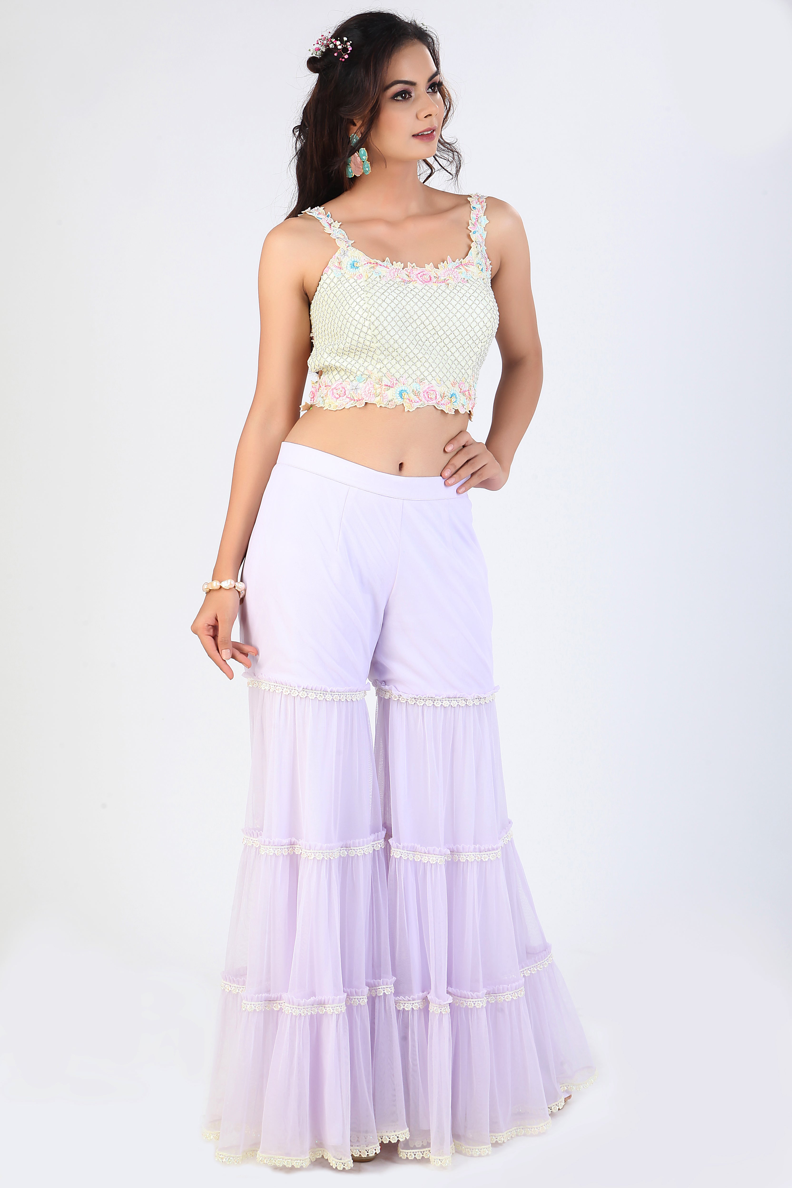Buy Online Navy Blue Georgette Crop Top with Sharara Pants and Cape – Pure  Elegance