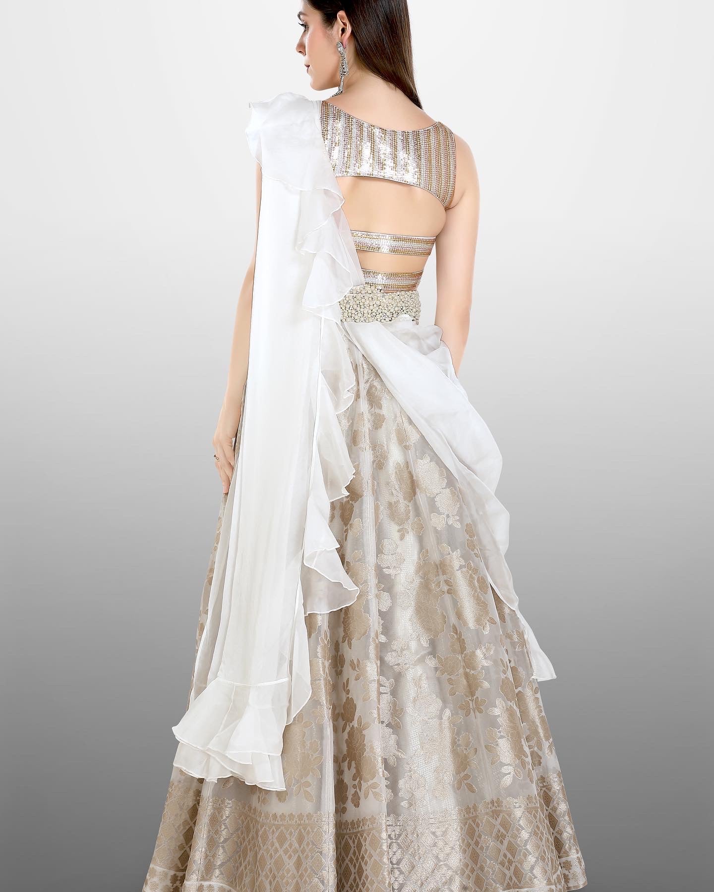 White Sequins Designer Lehenga With Ruffle Dupatta | Girly Shopper